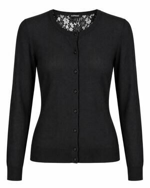 Express Black Lace Back Cardigan Sweater Button Front Fitted Womens S Rayon